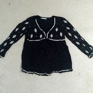Maurices Black Long Sleeve Top with White Embroidery